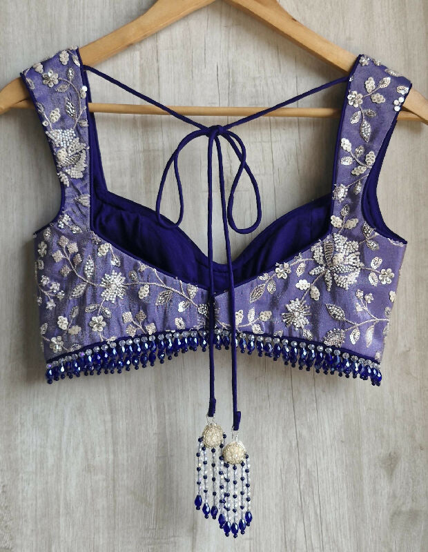 Blue Embroidered Tissue Silk Saree Blouse. Deep Sweetheart Neck Bralette DVBL_489