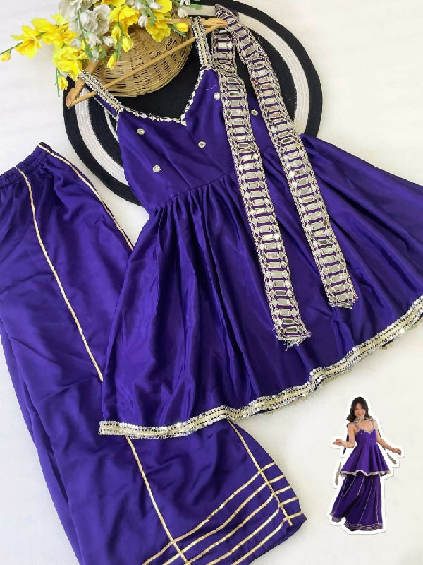 Pink v neck mirror work sleeveless kurta with palazzo and dupatta 3pc set