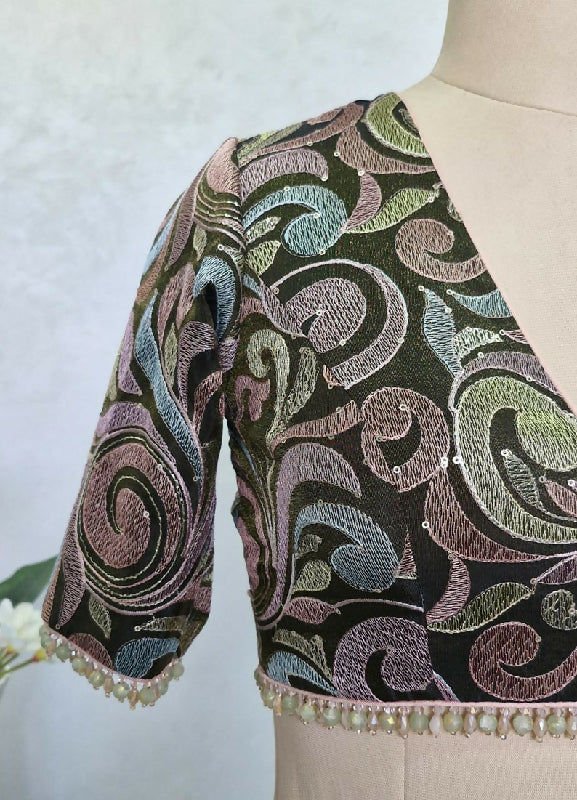 Deep Olive Green Embroidered Tissue Silk Saree Blouse, Elbow Sleeves