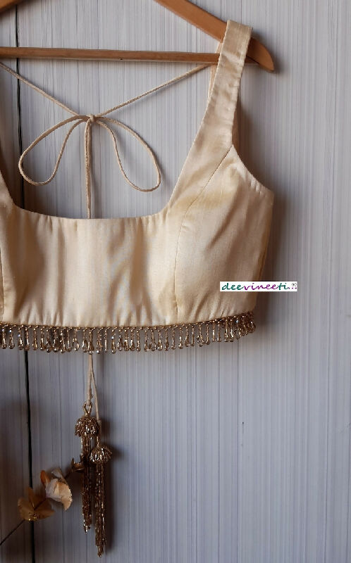 Light Gold Blended Raw Silk Deep Square Neck Blouse