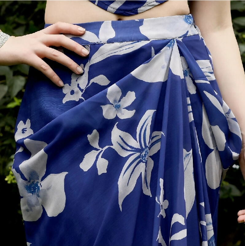 Blue floral corset top with dhoti and dupatta set