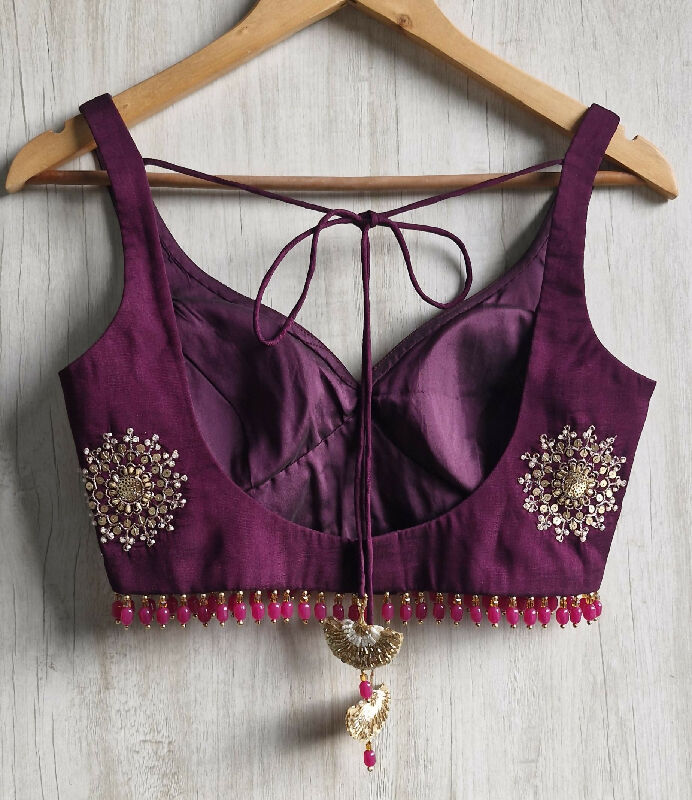 Wine Embroidered Silk Sweetheart Neck Blouse