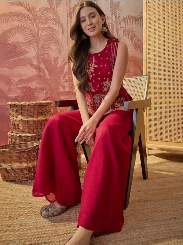 Red indo western short kurti with top and pent 3pc set