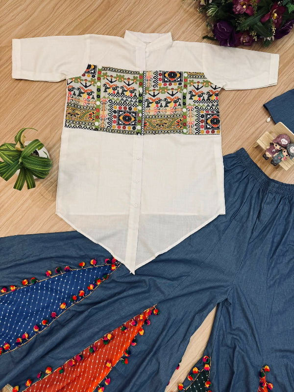 White indo western gujju sharara with crop jacket and shirt