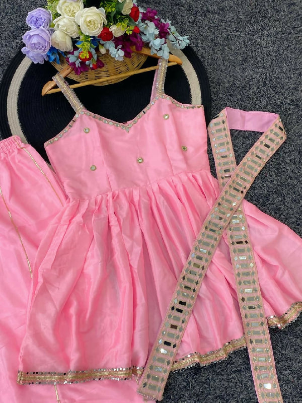 Pink v neck mirror work sleeveless kurta with palazzo and dupatta 3pc set
