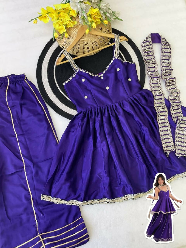 Pink v neck mirror work sleeveless kurta with palazzo and dupatta 3pc set