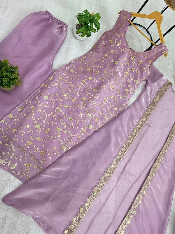 Purple silk indo western jacket with kurti and palazzo 3pc set