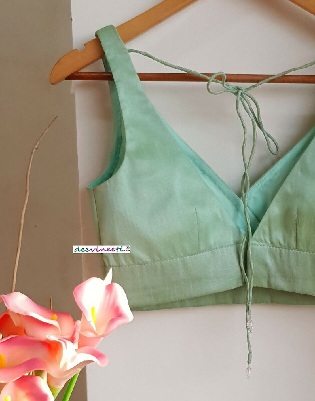 Mint Green Blended Raw Silk Deep V Neck Blouse