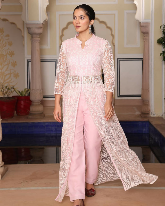 Pink indo western front slit kurti with pent