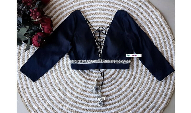 Blended Raw Silk Plunge Neckline Blouse Silver Trim