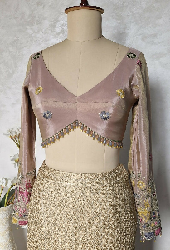 Embroidered Dusty Rose Pink Tissue Silk Blouse Long Sleeves