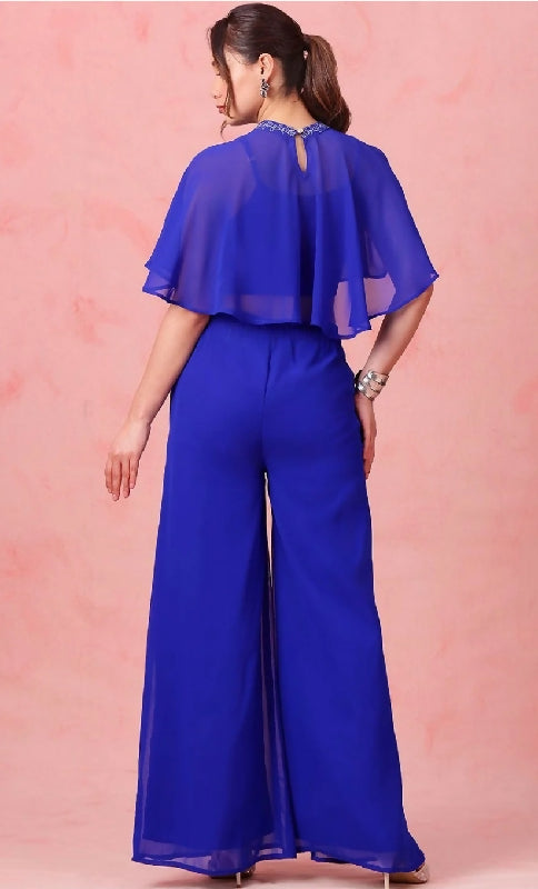 Blue spaghetti top with palazzo pents and poncho shrug set