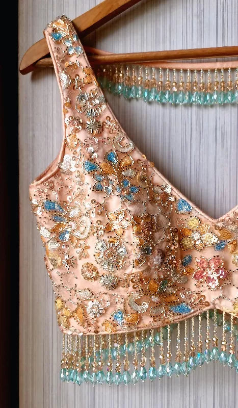 Peach Embroidered Net Blouse, Beads Fringes, Deep V Neck