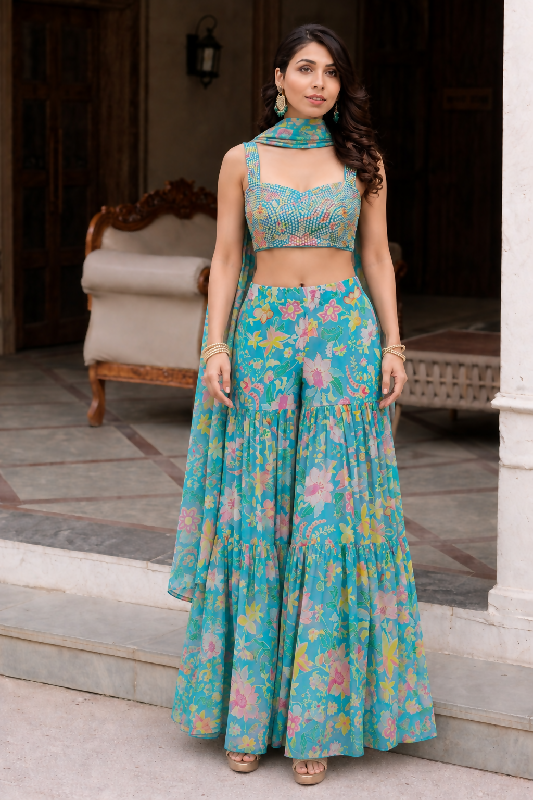 Blue indo western crop top with sharara and dupatta 3pc set