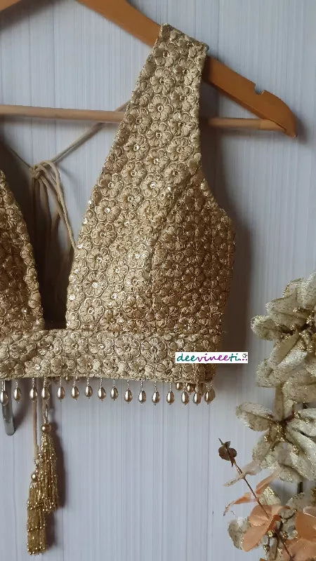 Embroidered Gold Georgette Saree Blouse, Plunge Neckline DVBL_139