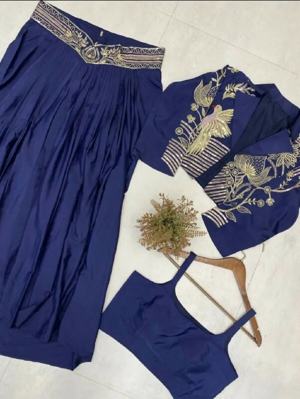 Blue indo western top with jacket and pleated skirt