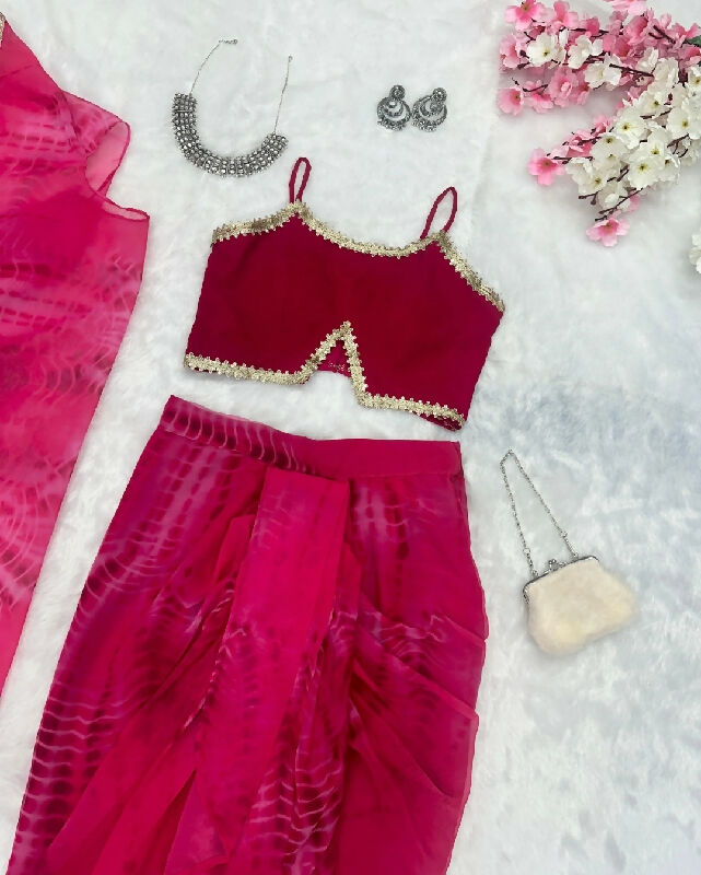 Pink indo western crop top with dhoti skirt and jacket 3pc set