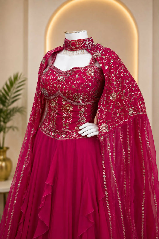Pink indo western corset top with cape and lehenga skirt 3pc set
