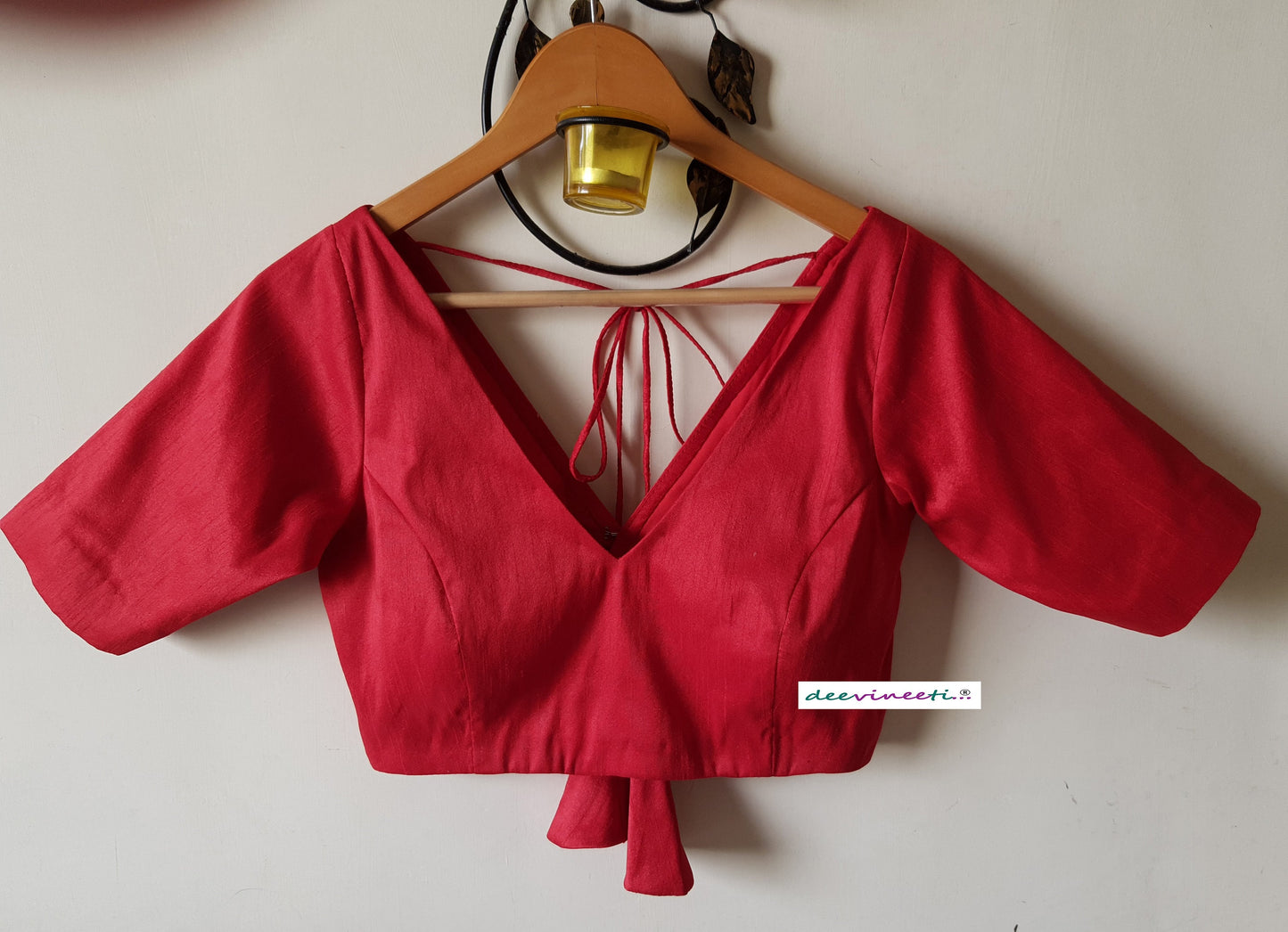 Blended Raw Silk V Neck Blouse Half Sleeves