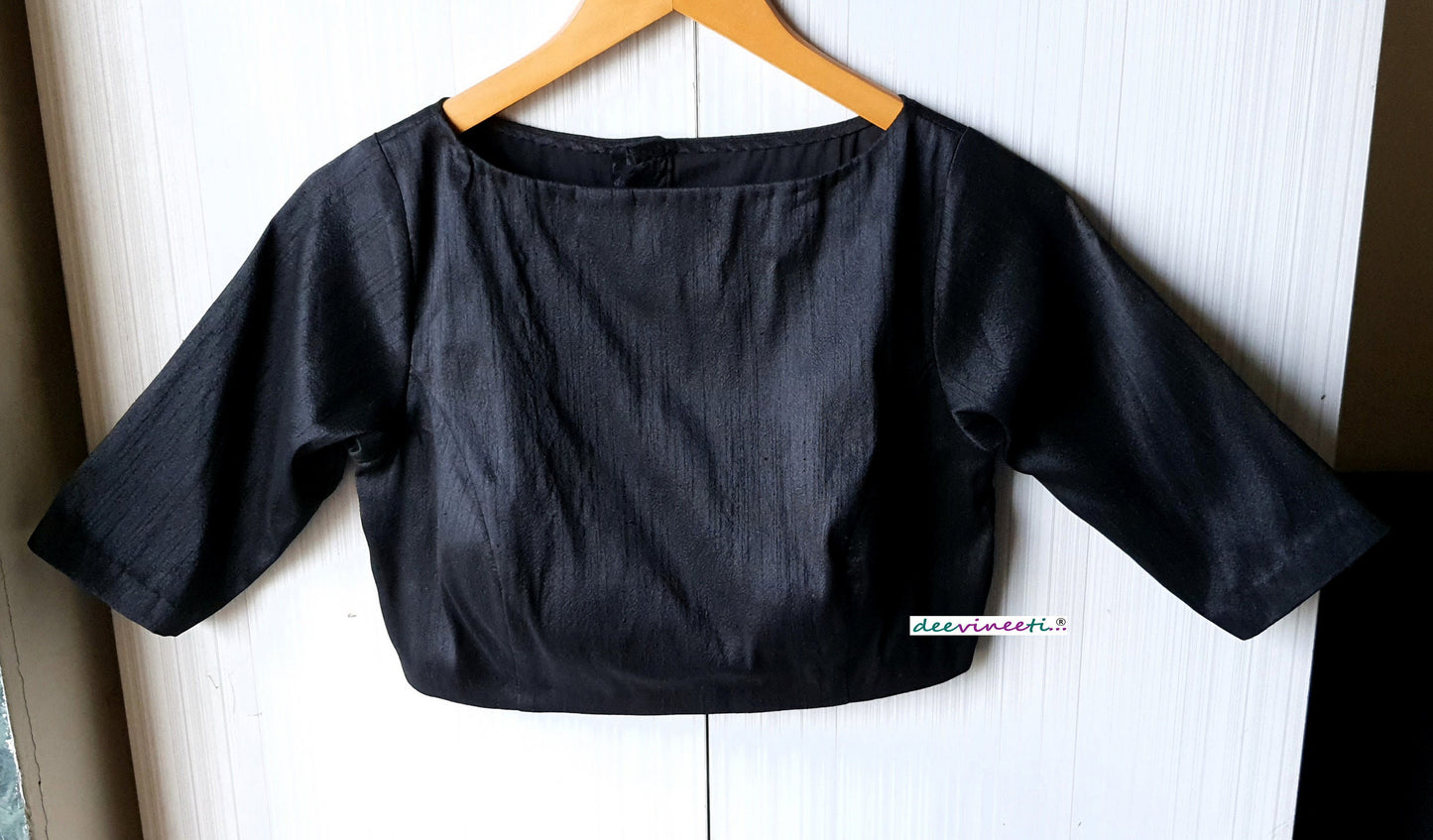 Blended Raw Silk Boat Neck Blouse Elbow Sleeves