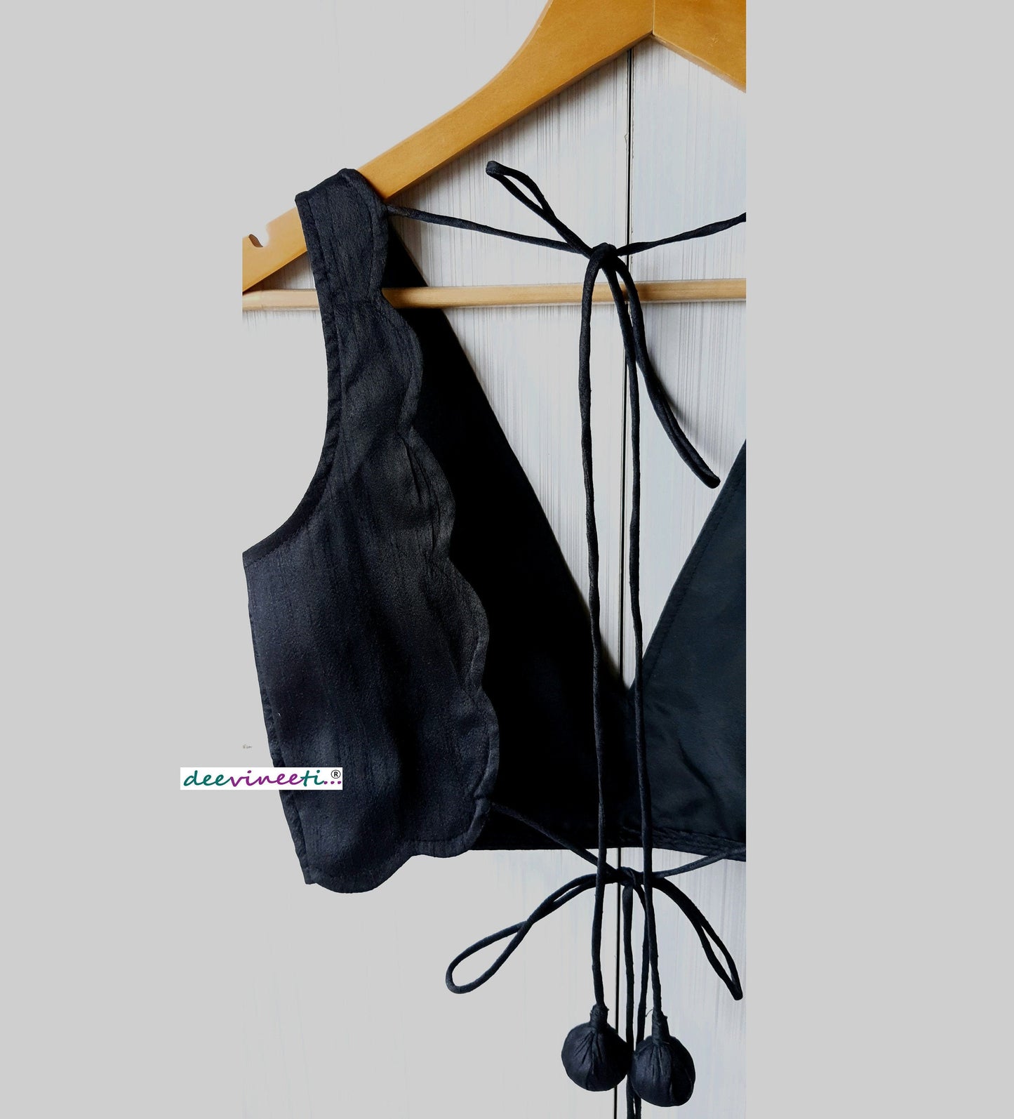 Black Blended Raw Silk Deep V Neck Blouse