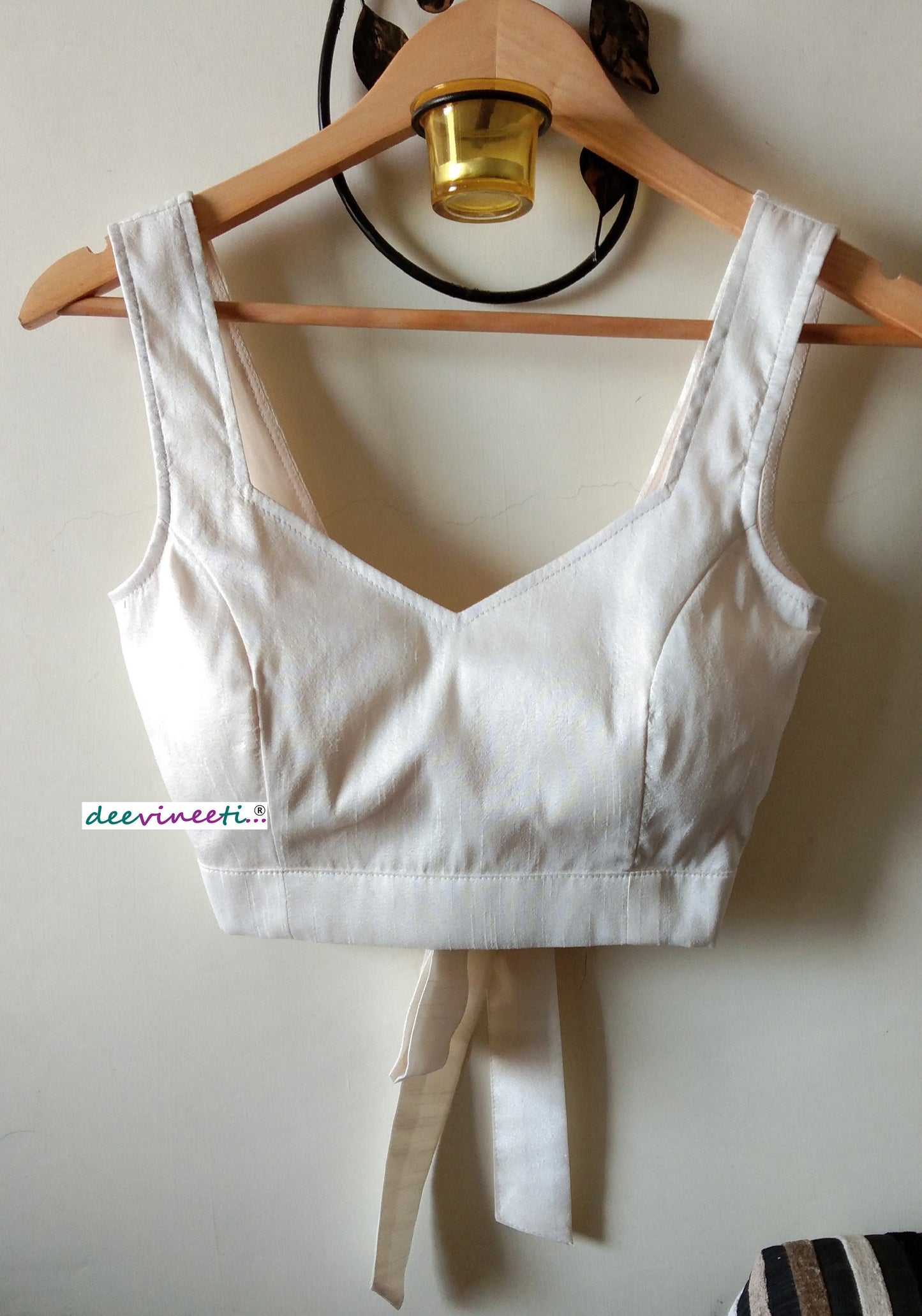 Off White Blended Raw Silk Blouse Sleeveless, Backless