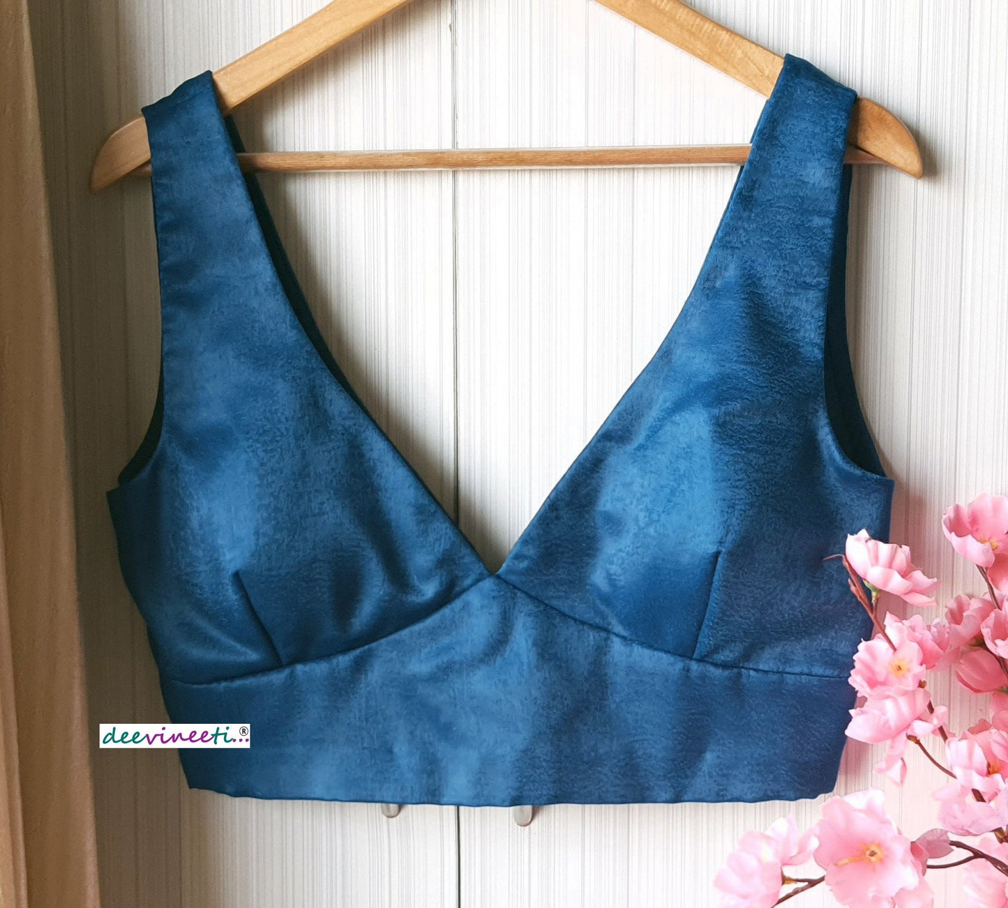 Blue Velvet Crepe Saree Lehenga Blouse Deep V Neck
