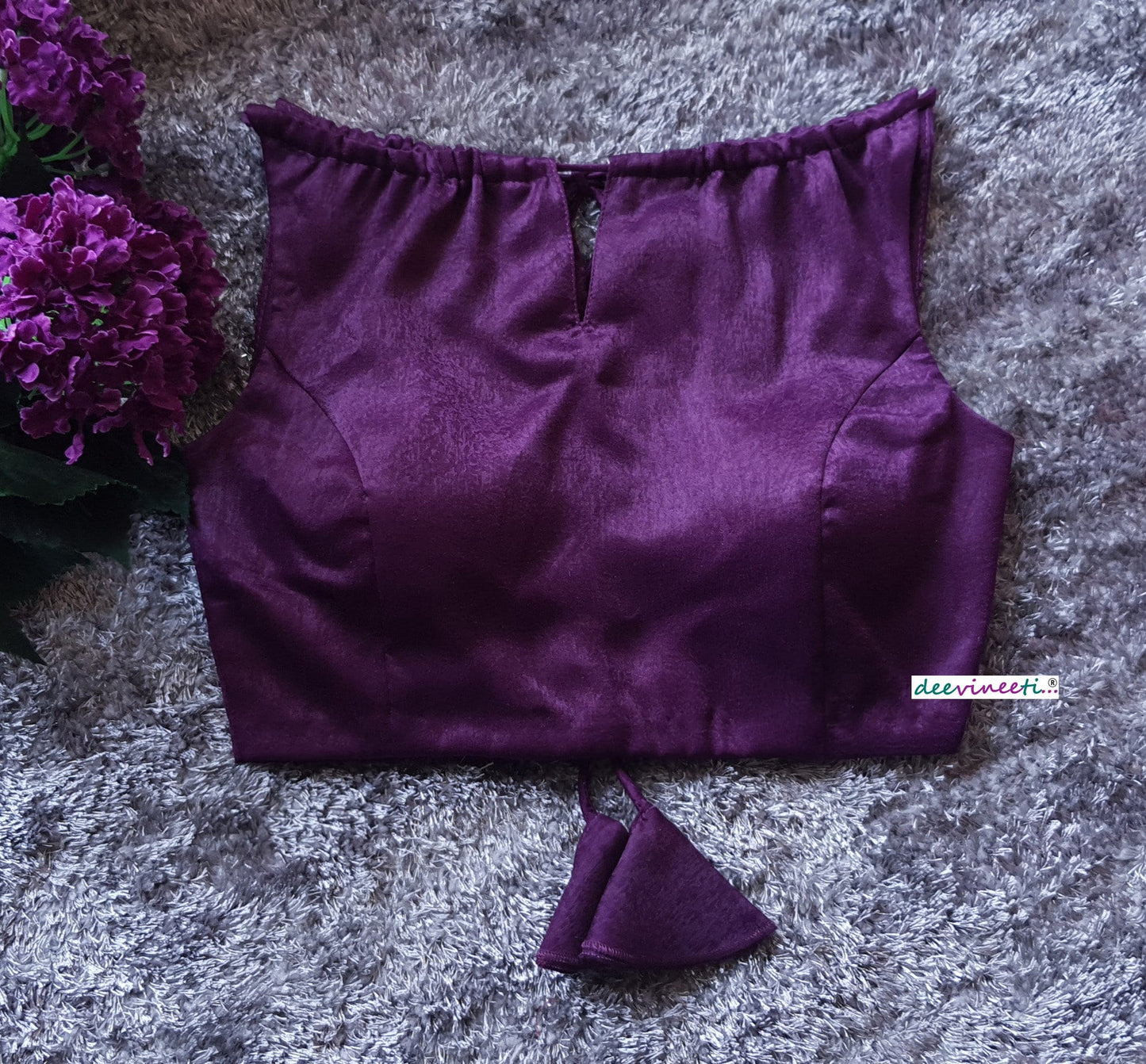 Purple Velvet Crepe Saree Lehenga Blouse Sleeveless Boatneck