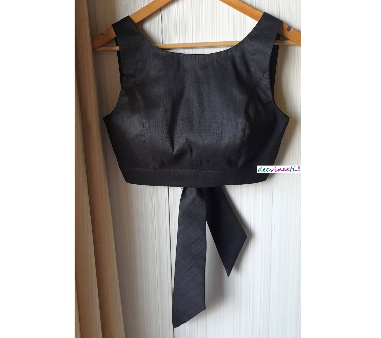 Blended Raw Silk Blouse Boat Neck with Bow