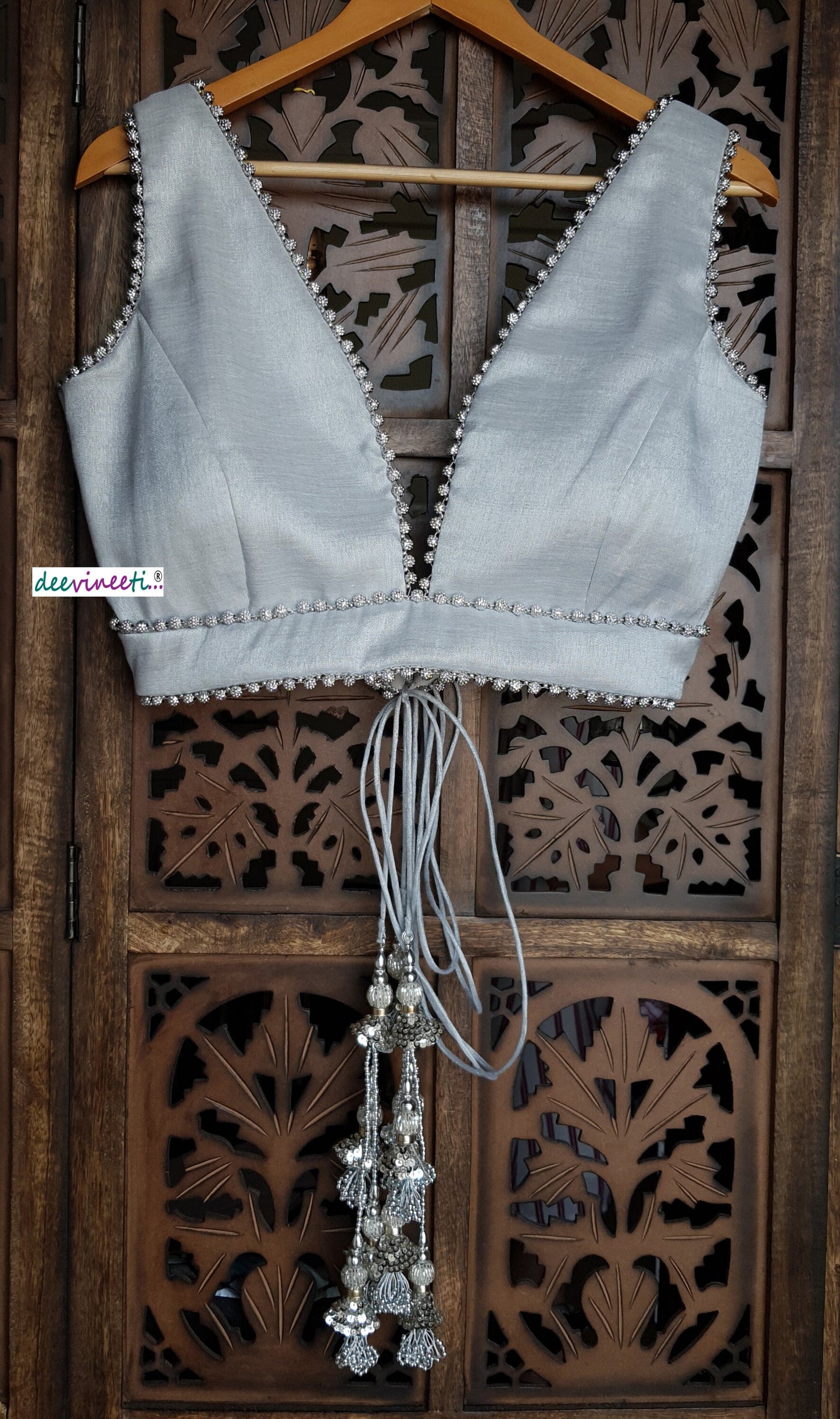 Silver Banarasi Tissue Plunging Neckline Blouse