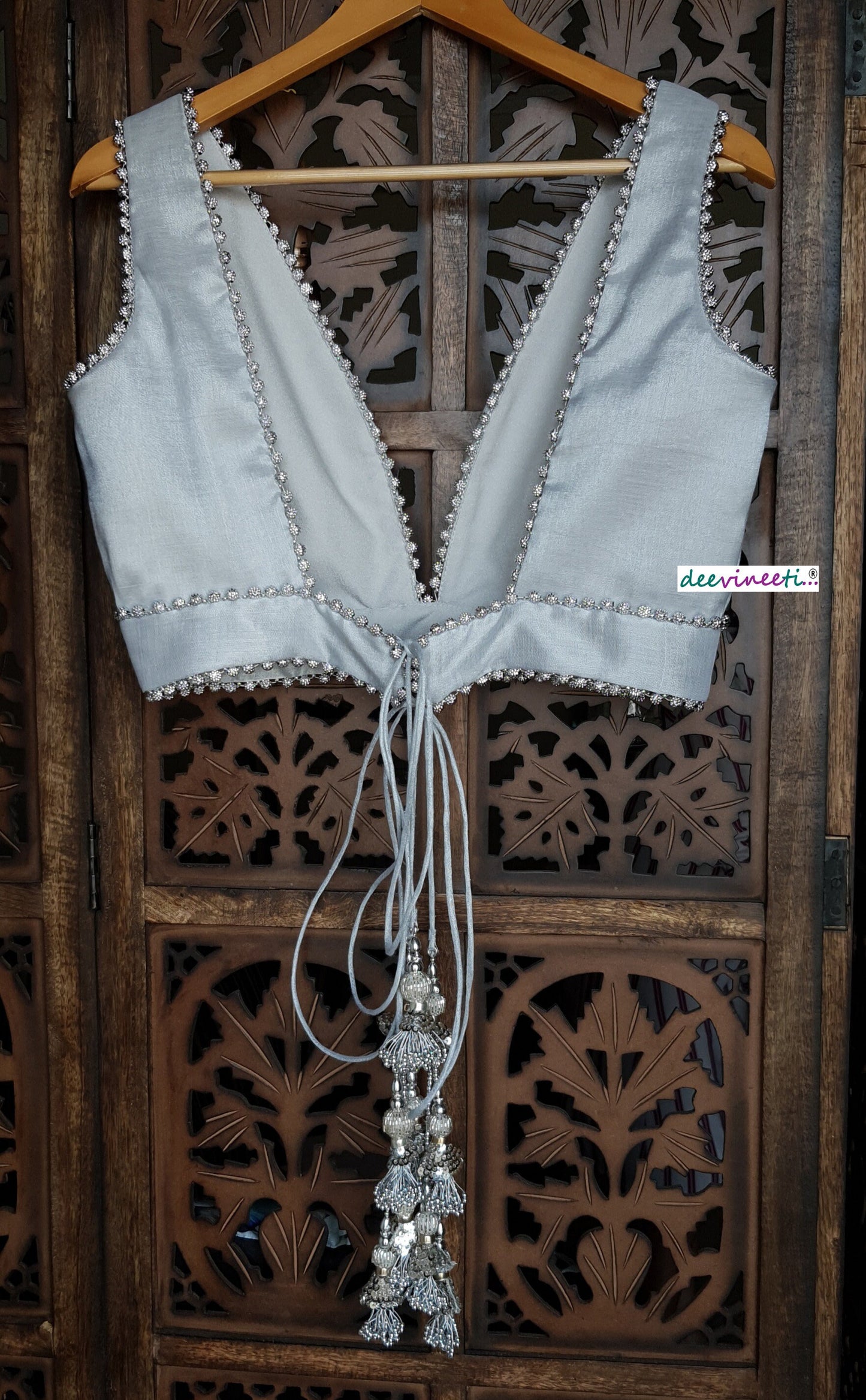 Silver Banarasi Tissue Plunging Neckline Blouse