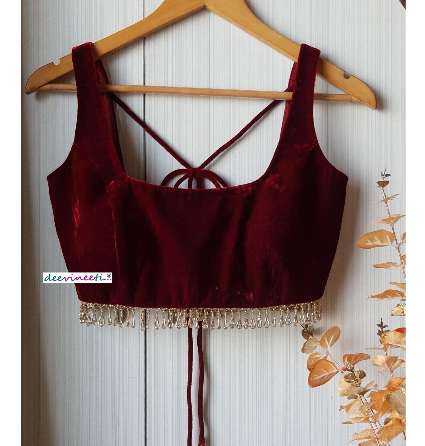 Deep Burgundy Velvet Saree Lehenga Blouse Sleeveless Square Neck with Fringes - 3/4 Sleeve