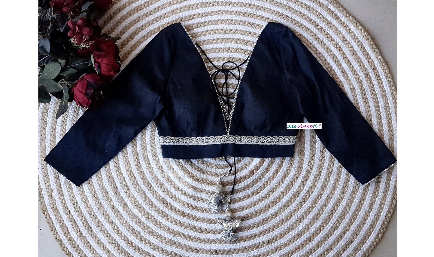 Blended Raw Silk Plunge Neckline Blouse Silver Trim