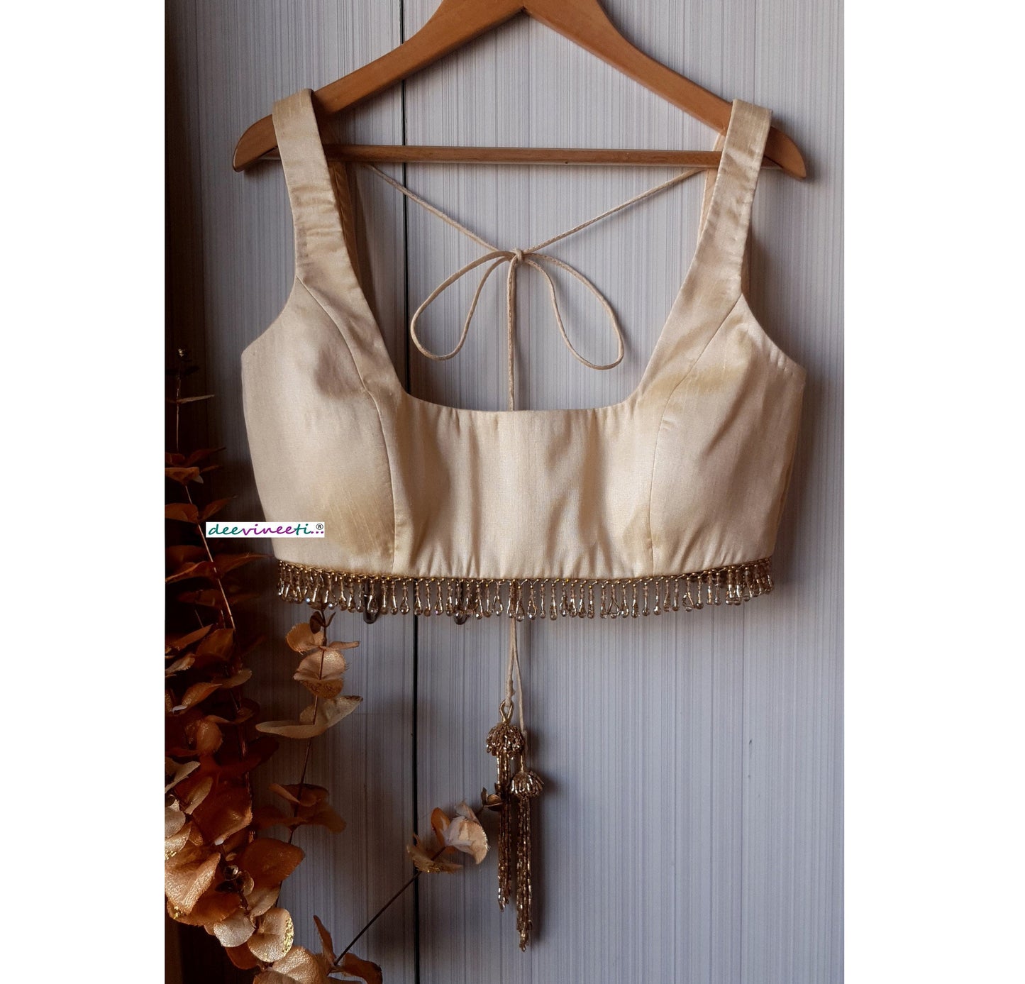 Light Gold Blended Raw Silk Deep Square Neck Blouse