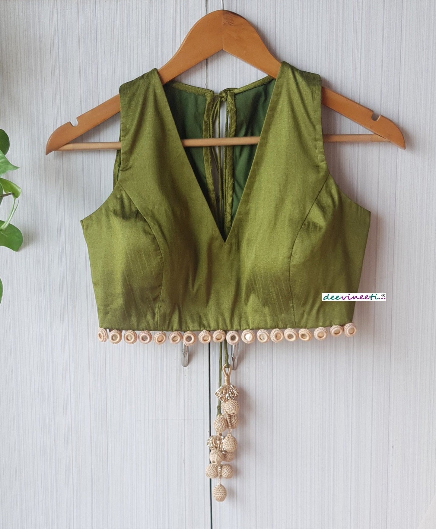 Olive Green Raw Silk Deep V Neck Blouse with Mirror Fringes