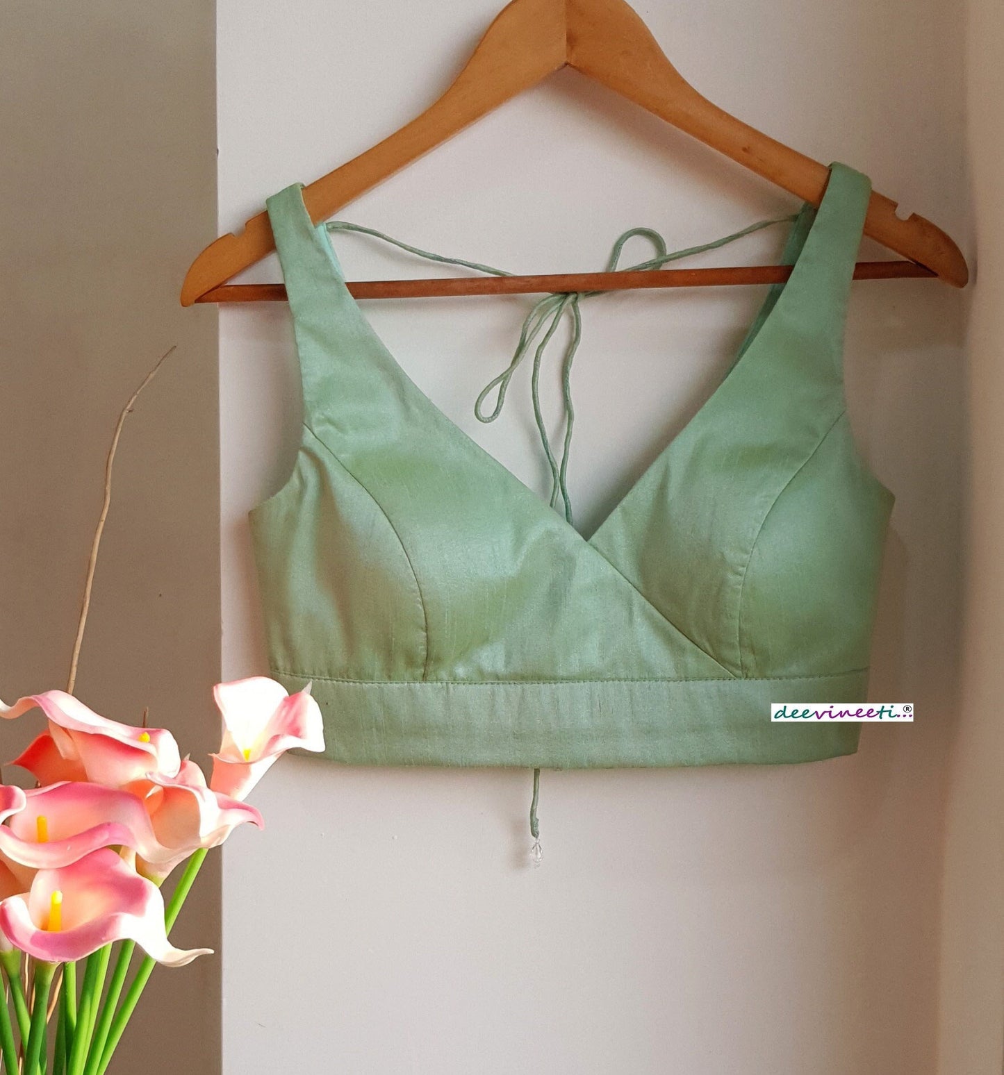 Mint Green Blended Raw Silk Deep V Neck Blouse