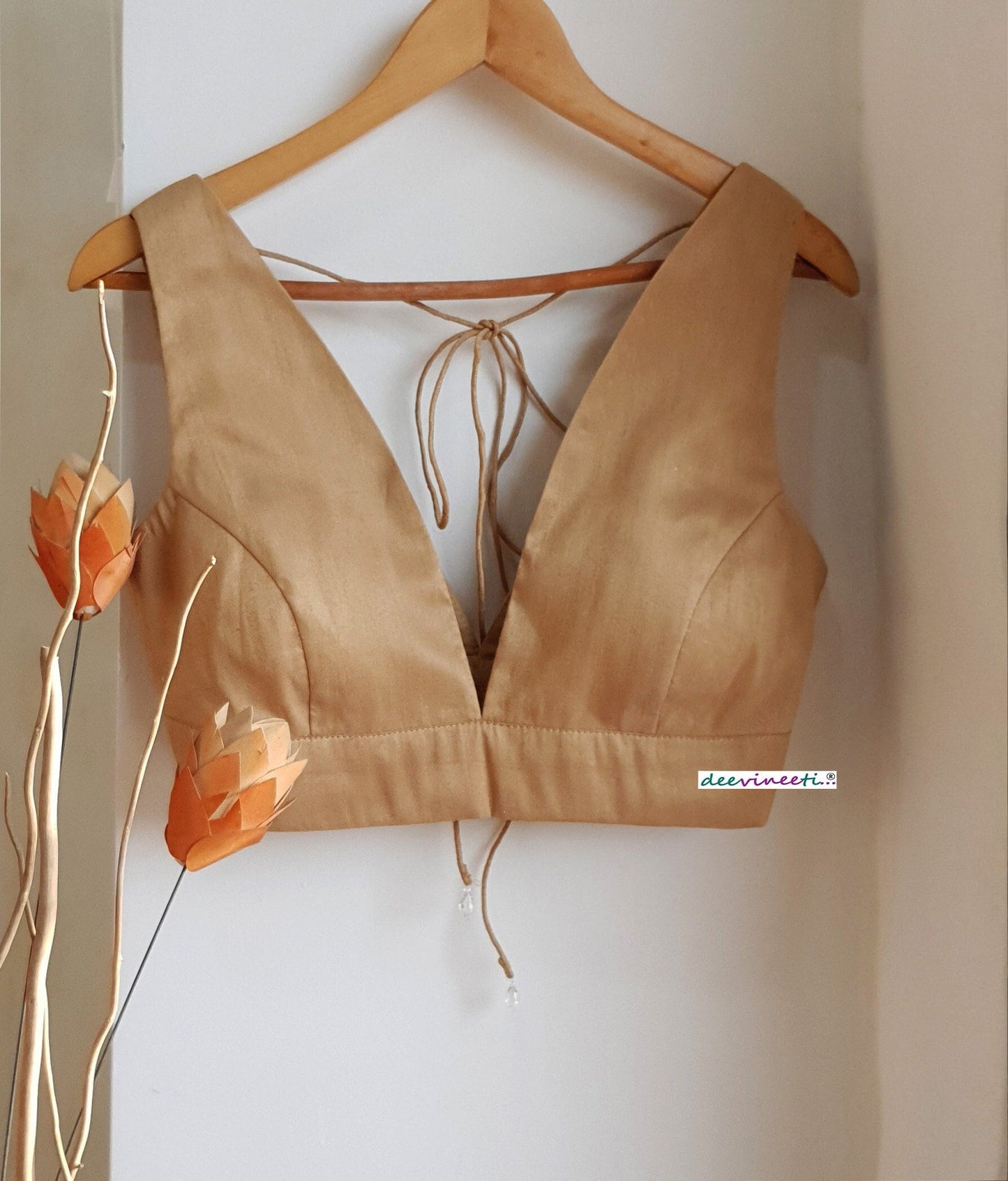 Beige Blended Raw Silk Plunge Neck Blouse
