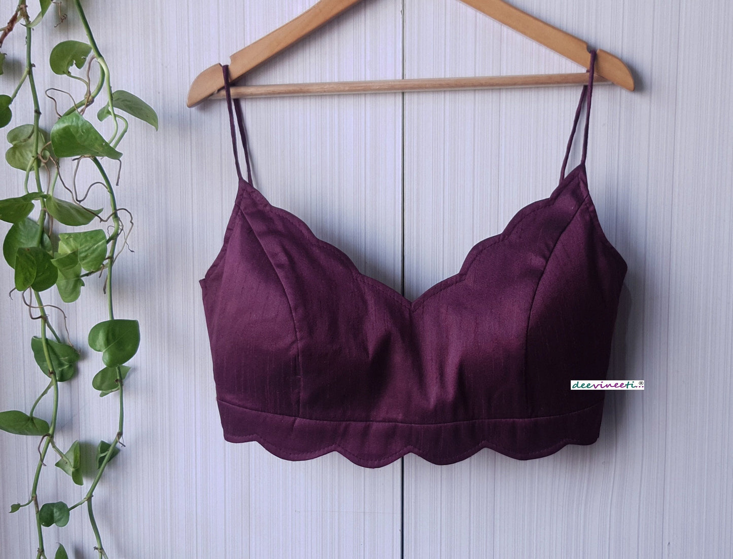 Burgundy Wine Blended Raw Silk Scallop Neck Blouse
