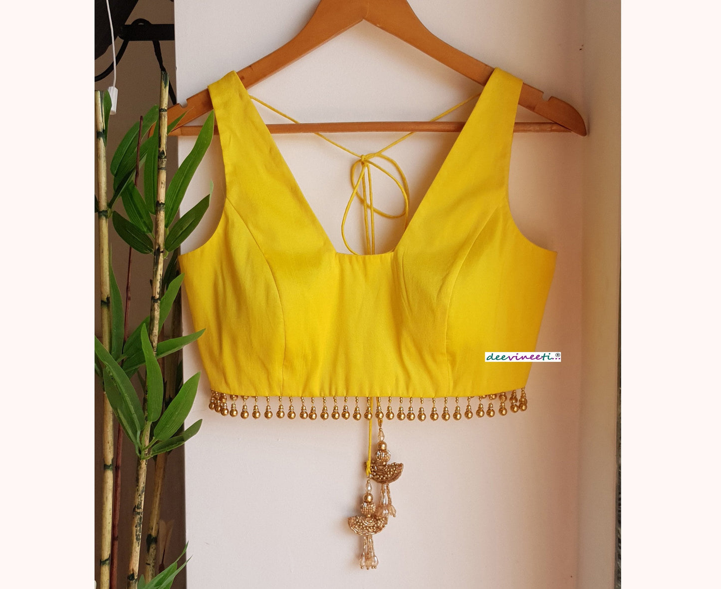 Yellow Blended Raw Silk Trapeze Neck Blouse Gold Bead Fringe