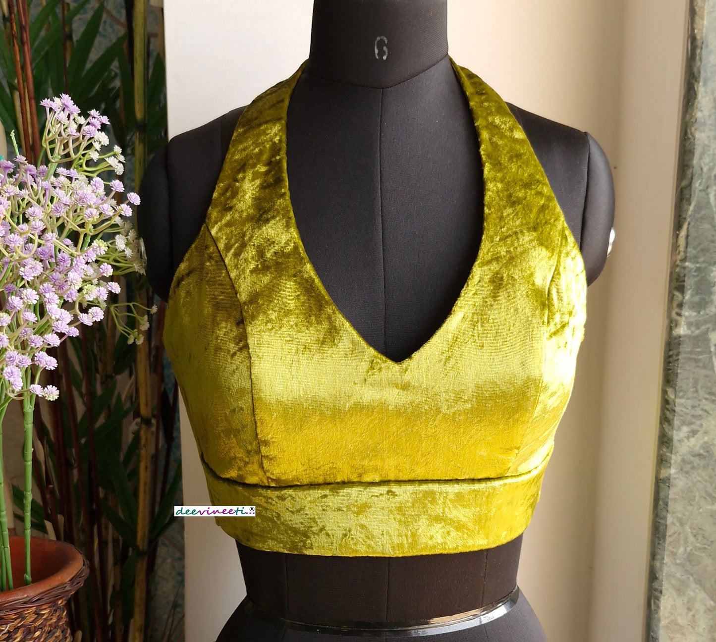 Olive Green Viscose Velvet Halter Neck Saree Lehenga Blouse