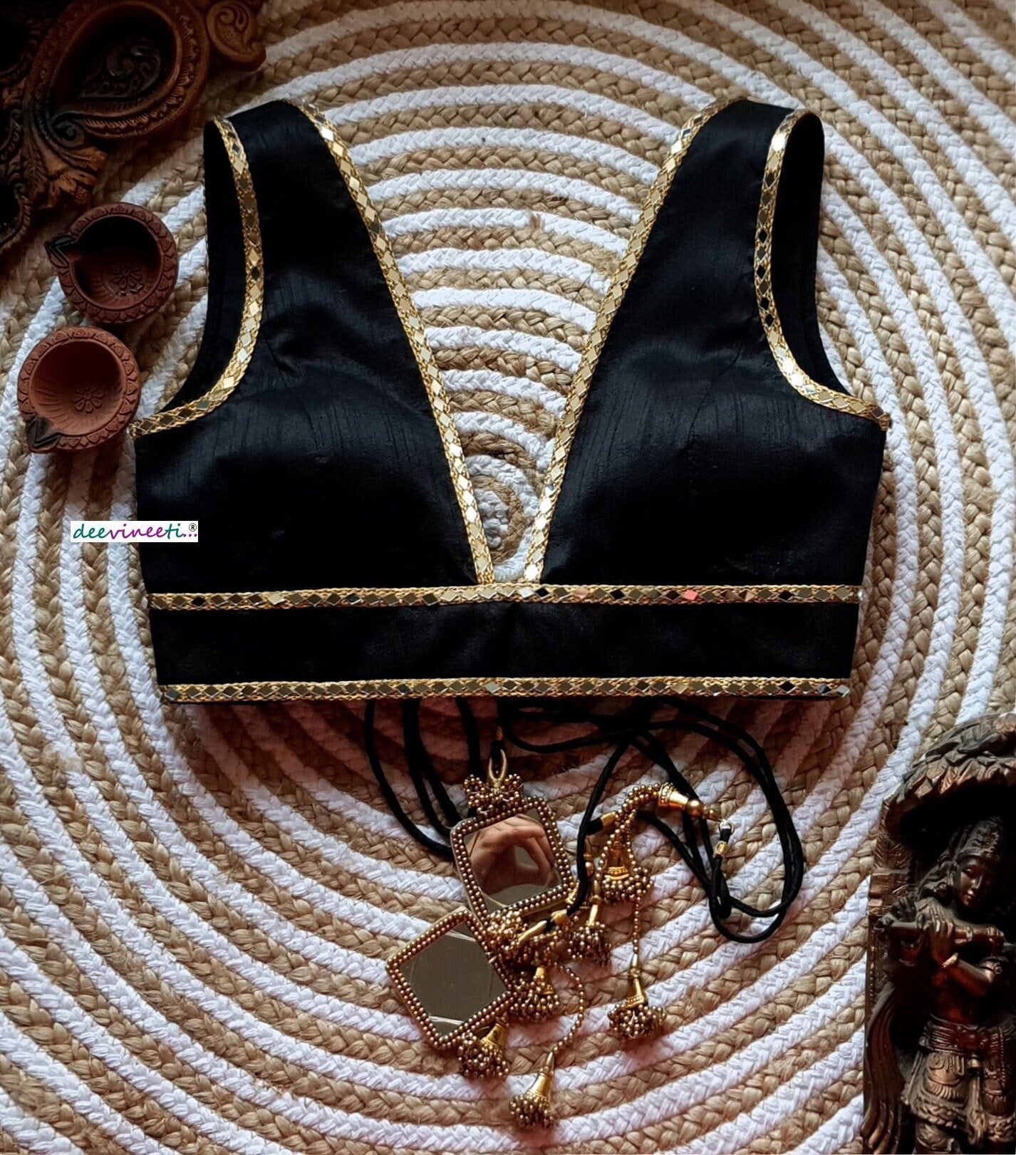 Black Blended Raw Silk Deep V Neck Blouse Mirror Work