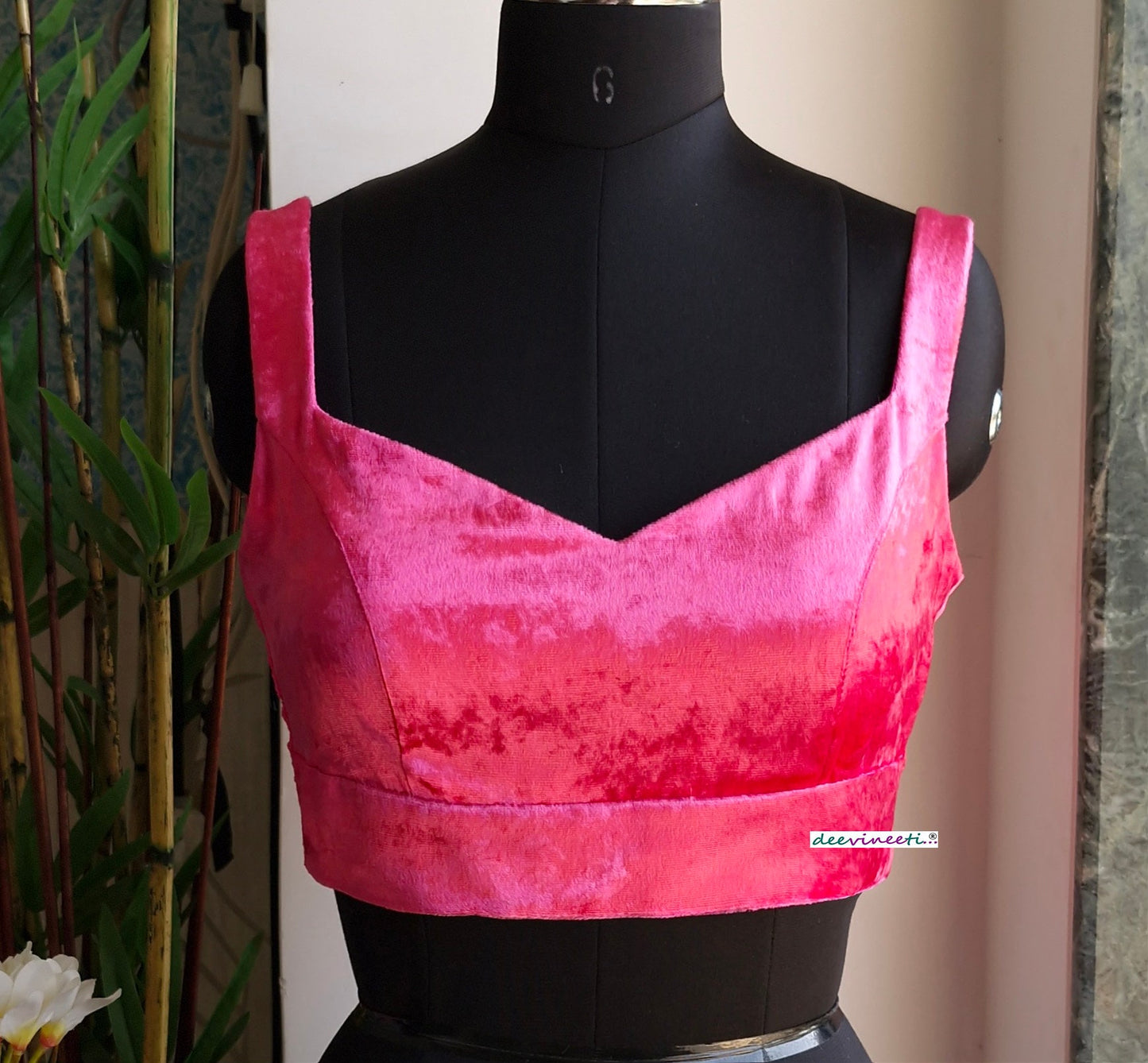 Hot Pink Velvet Saree Lehenga Blouse Sleeveless Sweetheart Neck