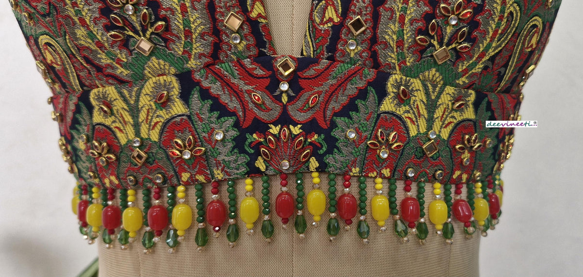 Embroidered Brocade Blouse, Plunge Neckline, Kundan Embellished DVBL_400