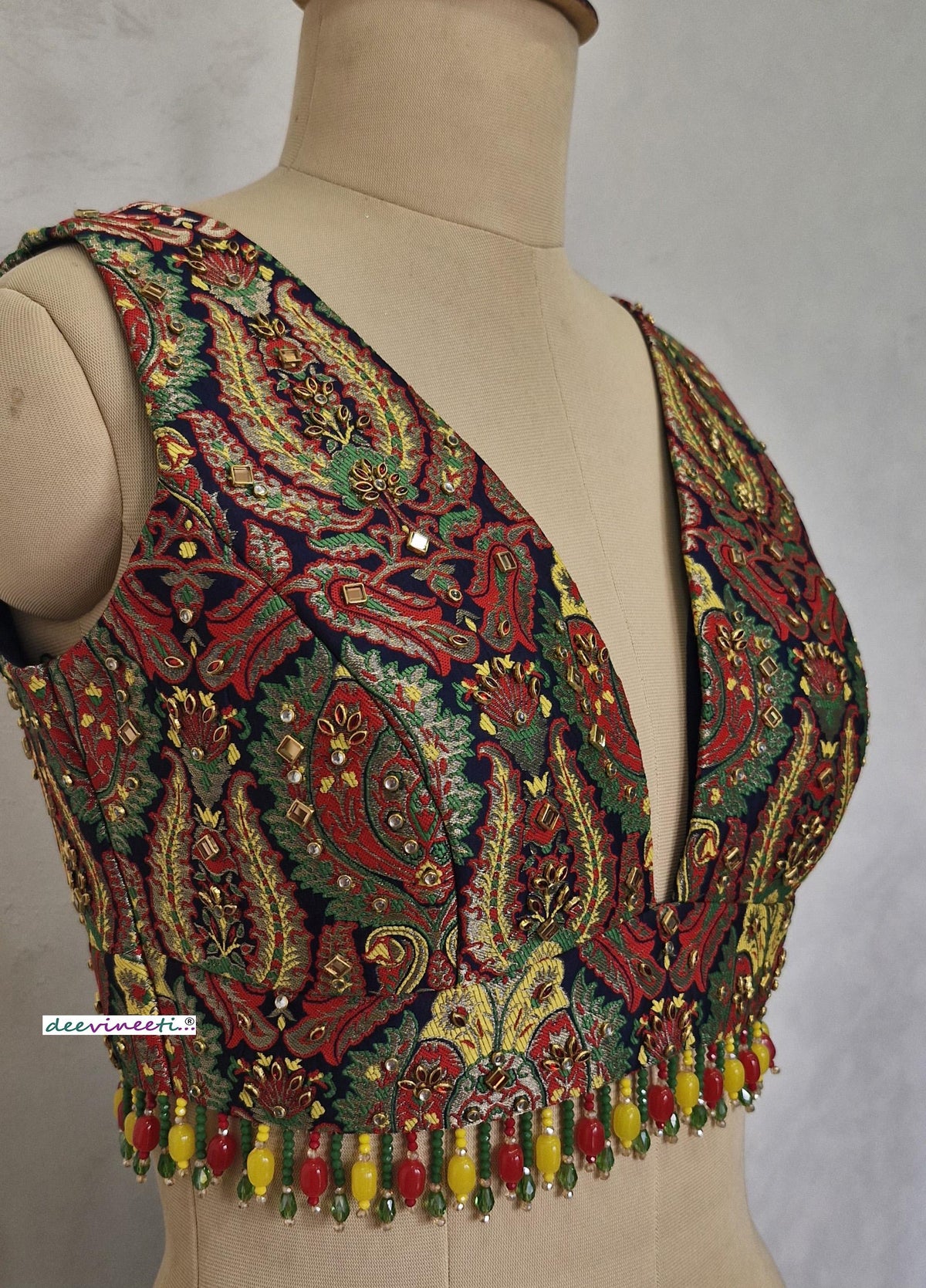 Embroidered Brocade Blouse, Plunge Neckline, Kundan Embellished DVBL_400