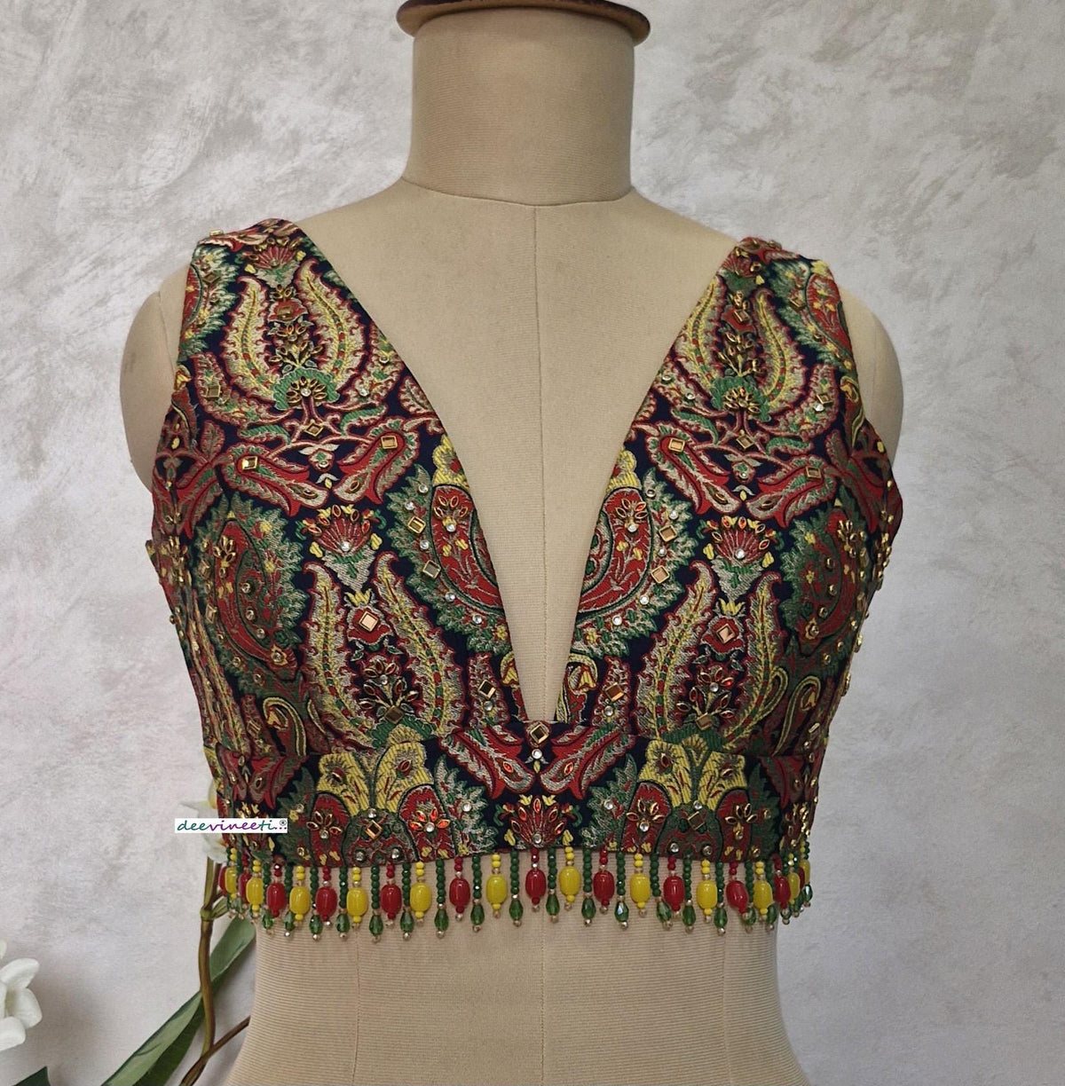 Embroidered Brocade Blouse, Plunge Neckline, Kundan Embellished DVBL_400