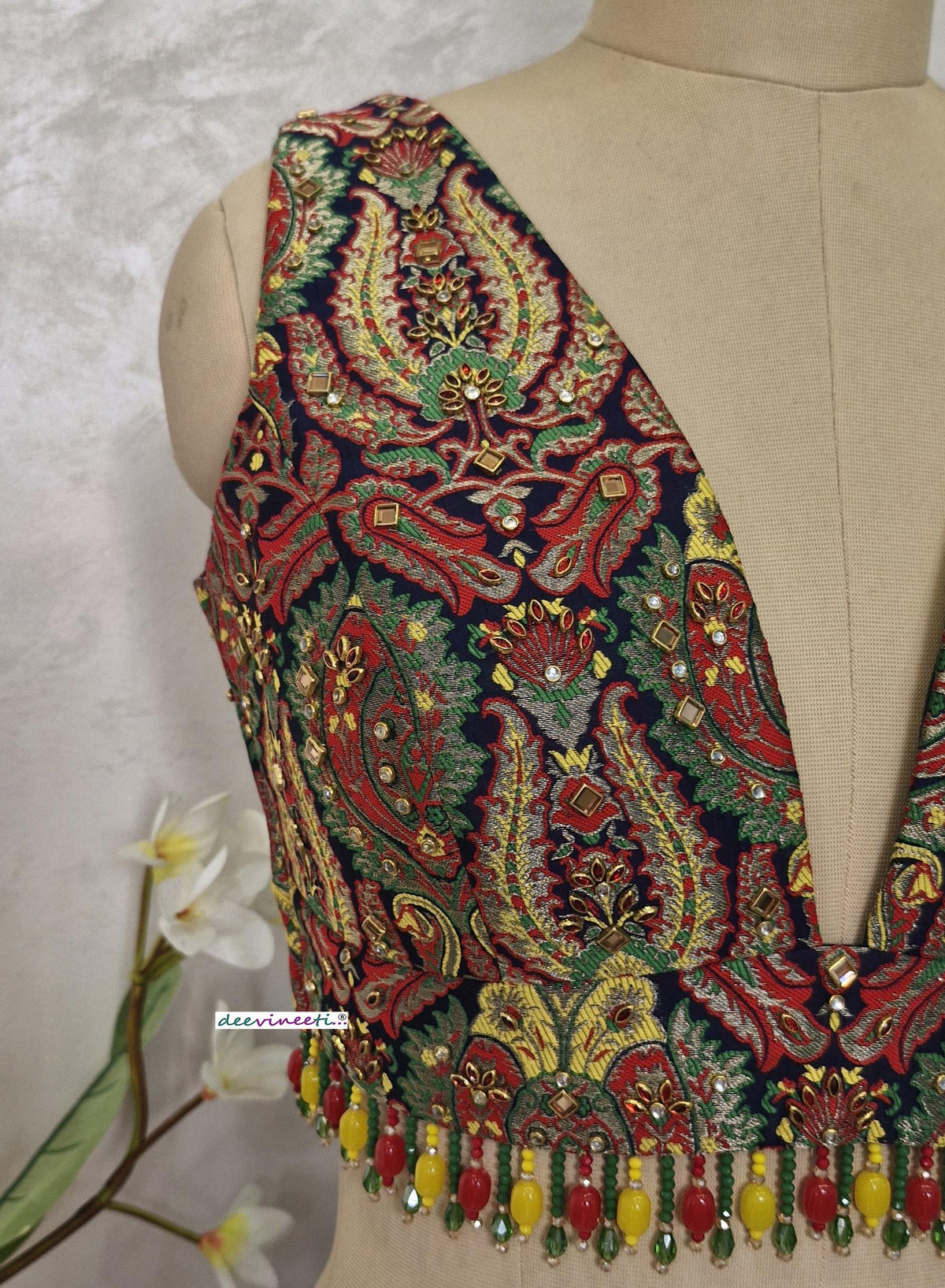 Embroidered Brocade Blouse, Plunge Neckline, Kundan Embellished DVBL_400