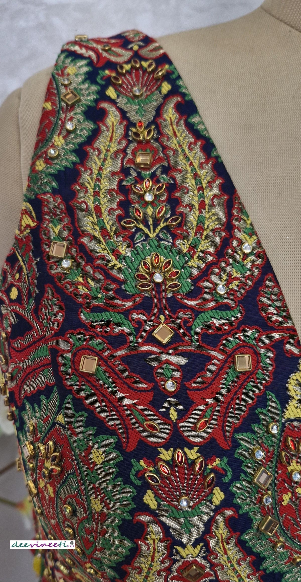 Embroidered Brocade Blouse, Plunge Neckline, Kundan Embellished DVBL_400
