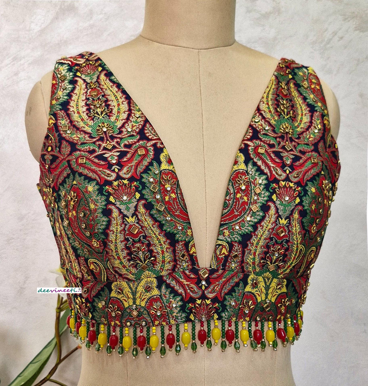 Embroidered Brocade Blouse, Plunge Neckline, Kundan Embellished DVBL_400