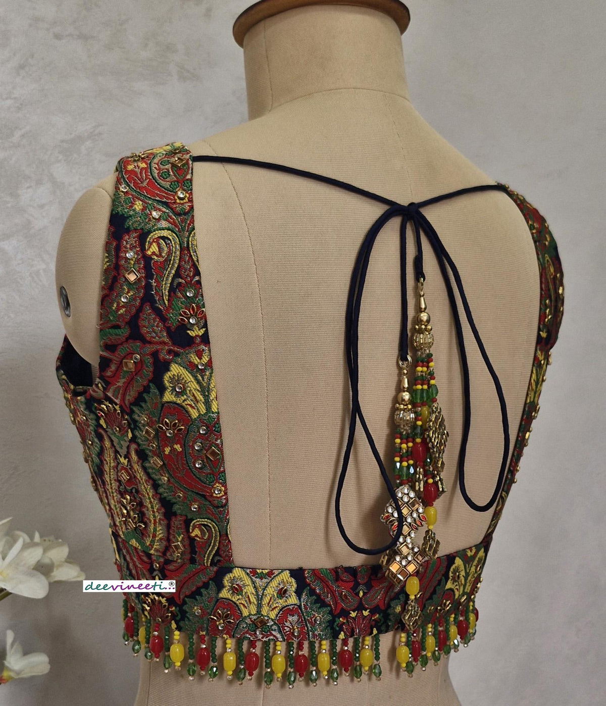 Embroidered Brocade Blouse, Plunge Neckline, Kundan Embellished DVBL_400