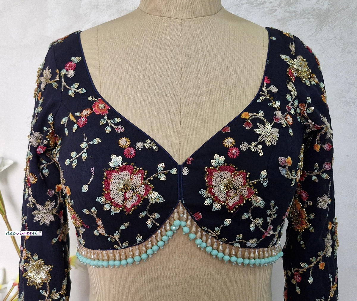 Embroidered Georgette Blouse, Deep Blue, Sweetheart Neck DVBL_401